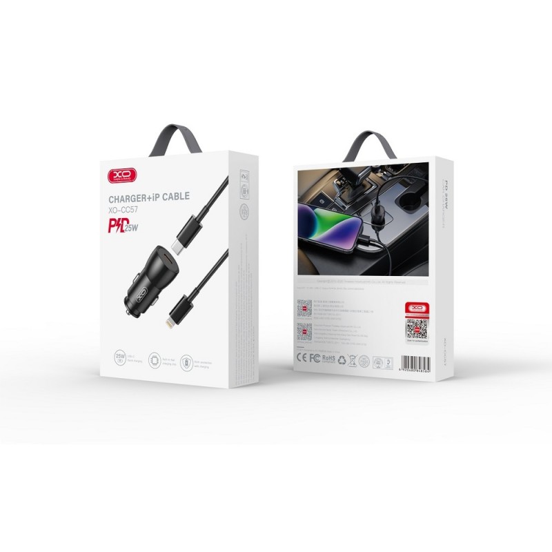 Зарядно устройство за кола комплект XO CC57 PD 30W 1x USB-A 1x USB-C с кабел USB-C - Lightning, Черен