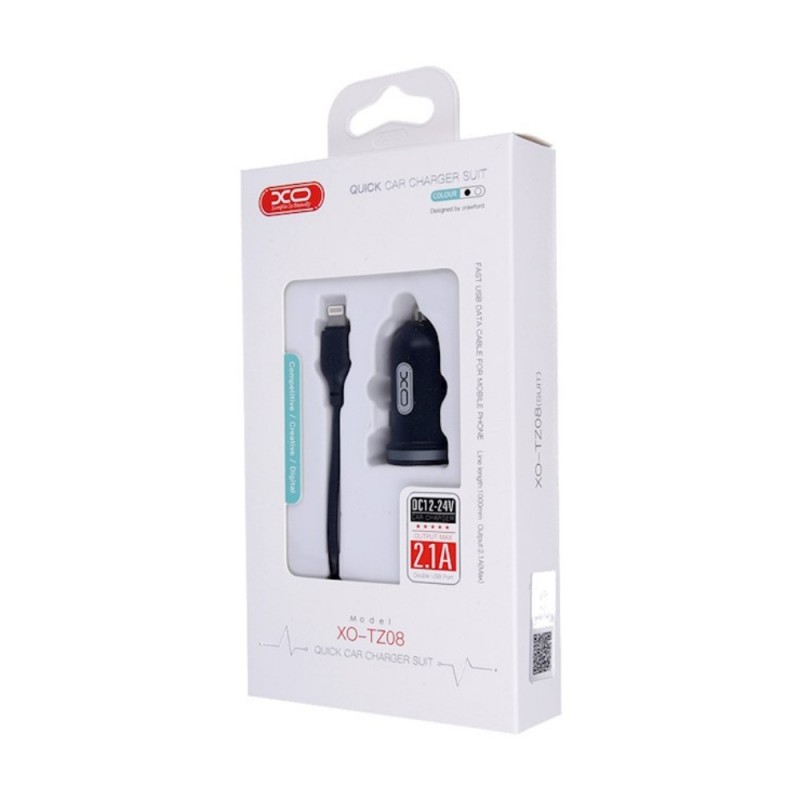 Зарядно устройство за кола комплект XO TZ08 с 2 USB изхода, С кабел Lightning, 12V, 2.1A, Черно