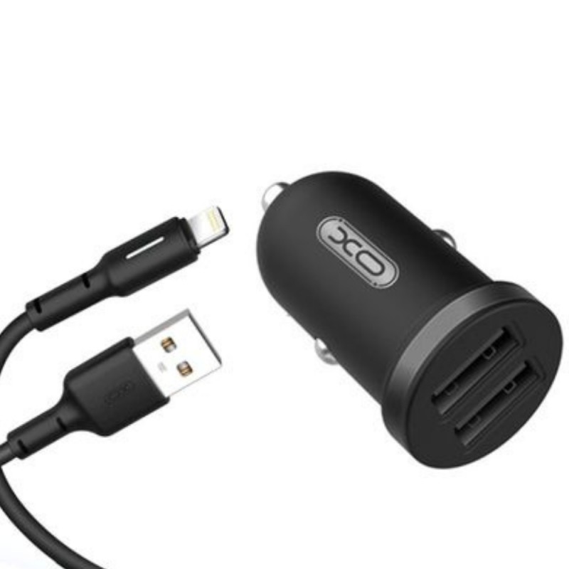 Зарядно устройство за кола комплект XO TZ08 с 2 USB изхода, С кабел Type C-USB, 12V, 2.1A, Черно