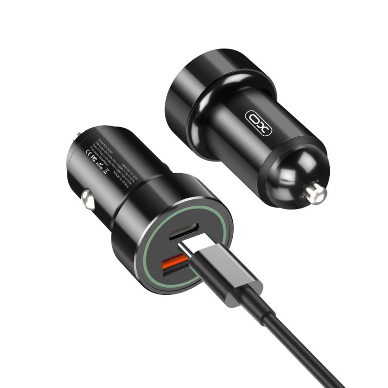 Зарядно устройство за кола комплект XO TZ11 с USB и Type C изход QC 3.0, Метален, С кабел Lightning-Type C, 12V, 3A, Черно