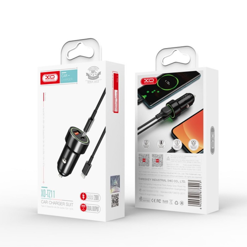 Зарядно устройство за кола комплект XO TZ11 с USB и Type C изход QC 3.0, Метален, С кабел Lightning-Type C, 12V, 3A, Черно