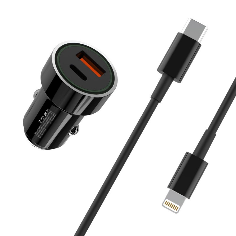 Зарядно устройство за кола комплект XO TZ11 с USB и Type C изход QC 3.0, Метален, С кабел Lightning-Type C, 12V, 3A, Черно