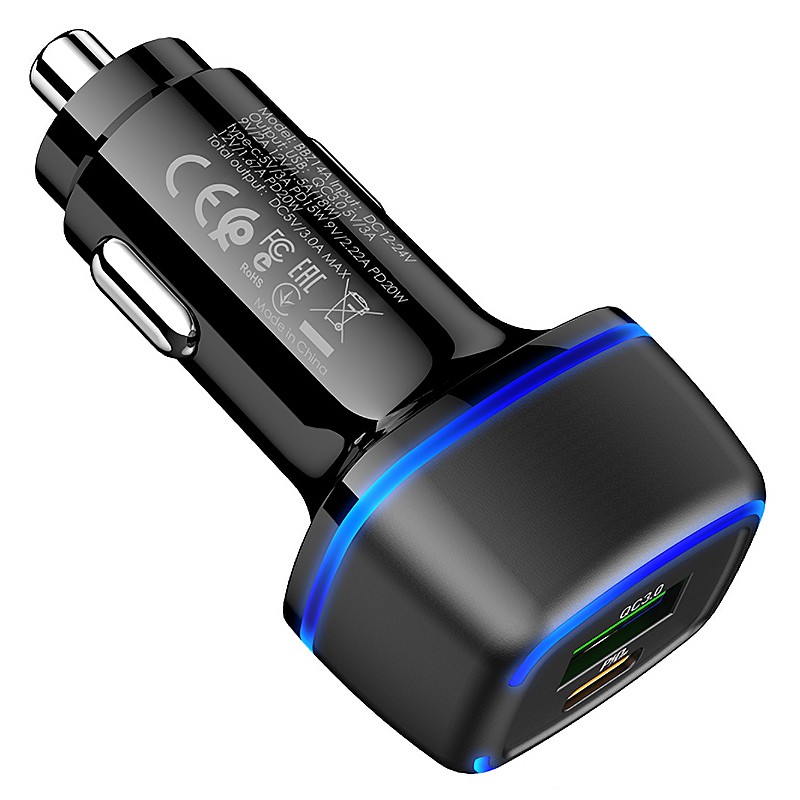 Зарядно устройство за кола преходник адаптер BLUE Power BBZ14A с USB и type C изход 12V, 20W, Черен